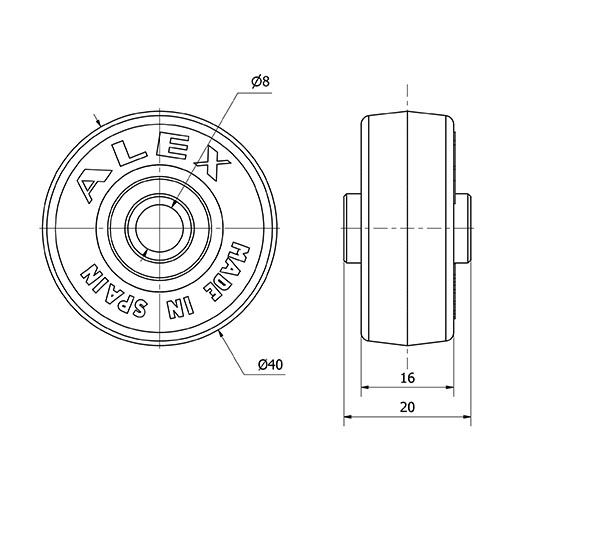 RUEDA PGI40-8-19 NUCLEO POLIAMIX Y BANDA GOMA GRIS EJE LISO