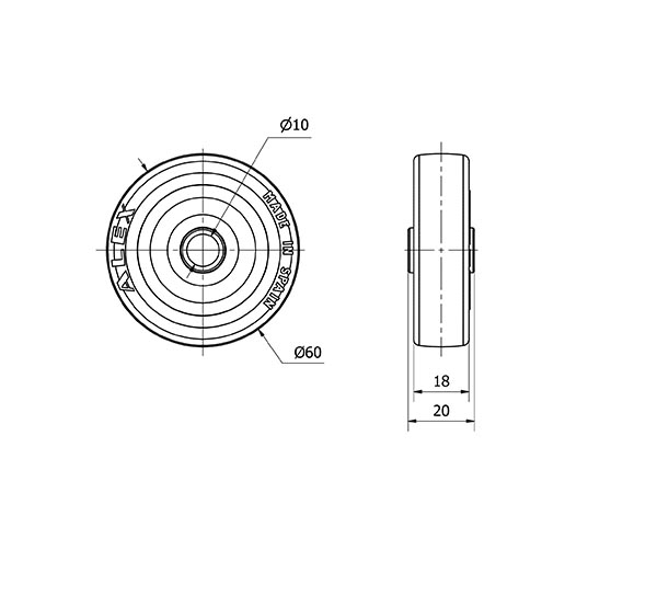 RUEDA PGI60-10-19 NUCLEO POLIAMIX Y BANDA GOMA GRIS EJE LISO