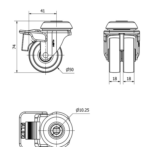 R.GIR.AGUJERO M10 FRENO 20IFNR50-I PLASTICO BLANCO(DOBLE) EJE LISO