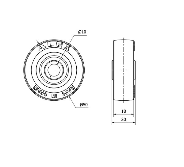 RUEDA PGI50-10-19 NUCLEO POLIAMIX Y BANDA GOMA GRIS EJE LISO