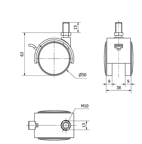 R.GIR.ESPIGA ROSCADA M10x15 FRENO 50DKF50 POLIAMIX NEGRO