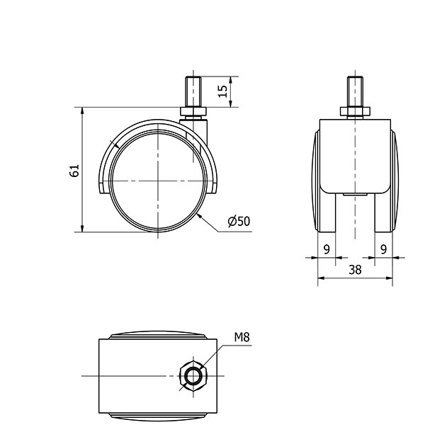 R.GIR.ESPIGA ROSCADA M8x15 50DK50 POLIAMIX LATONADO