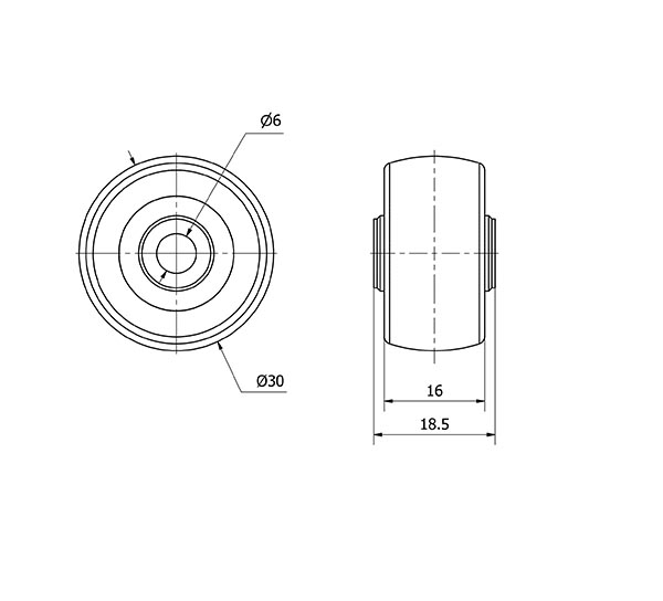 RUEDA PGI30-6-18,5 NUCLEO POLIAMIX Y BANDA GOMA GRIS EJE LISO