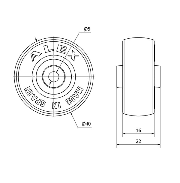 RUEDA PGI40-5-21 NUCLEO POLIAMIX Y BANDA GOMA GRIS EJE LISO