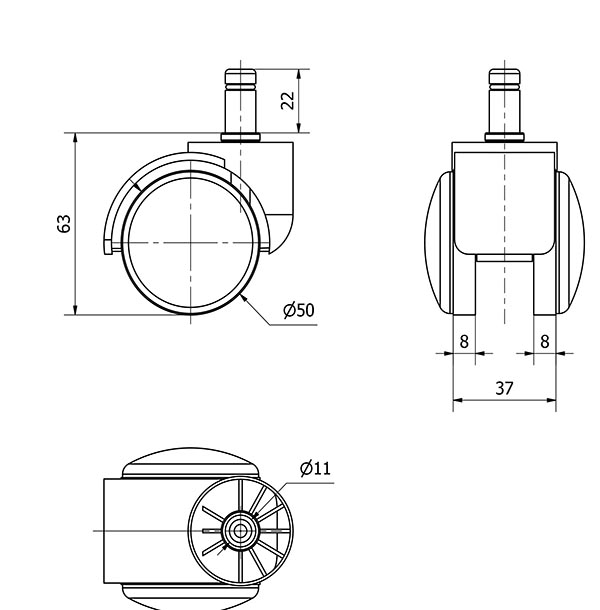 R.GIR.ESPIGA LISA C/ANILLA M11x22 30DKS50 POLIAMIX NEGRO(SILLA)