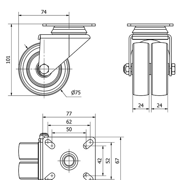 R.GIR.PLACA 10I75-PGI POLIAMIX-GOMA GRIS (DOBLE) EJE LISO