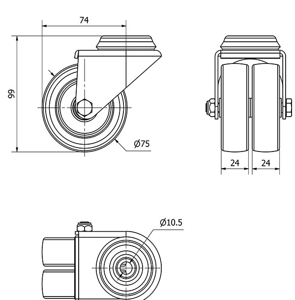 R.GIR.AGUJERO M10 20I75-PGI POLIAMIX-GOMA GRIS (DOBLE) EJE LISO