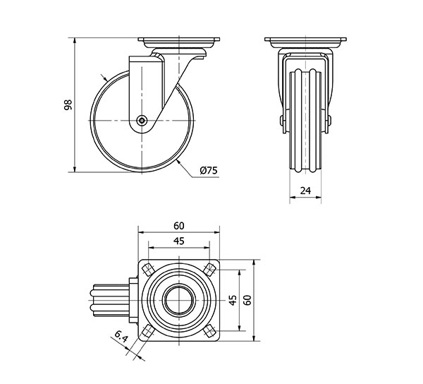 R.GIR.PLACA 10ALU75 ALUMINIO NIQUELADO-POLIURETANO EJE LISO
