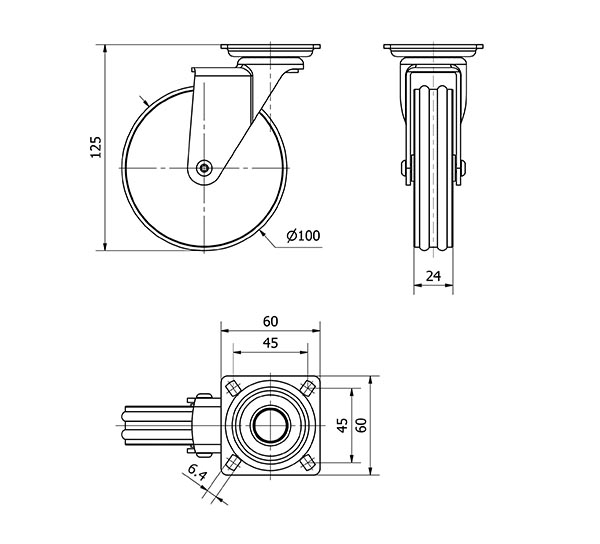 R.GIR.PLACA 10ALU100 ALUMINIO NIQUELADO-POLIURETANO EJE LISO