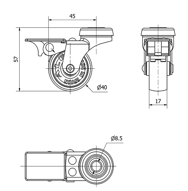 R.GIR.AGUJERO M8 FRENO 21BSRFN40-BP PLASTICO GRIS EJE LISO