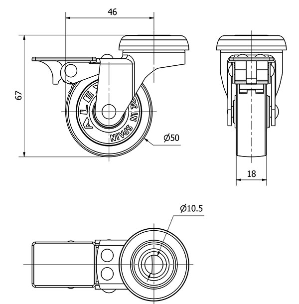 R.GIR.AGUJERO M10 FRENO 21BSRFN50-BP PLASTICO GRIS EJE LISO