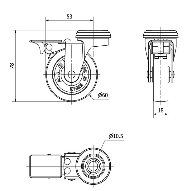 R.GIR.AGUJERO M10 FRENO 21BSRFN60-BP PLASTICO GRIS EJE LISO