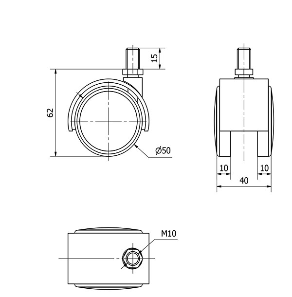 R.GIR.ESPIGA ROSCADA M10x15 50DKPU50 NYLON-POLIUR.NEGRO/GRIS