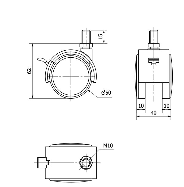 R.GIR.ESPIGA ROSCADA M10x15 FRENO 50DKPUF50 NYLON-POLIUR.NEGRO/GRIS