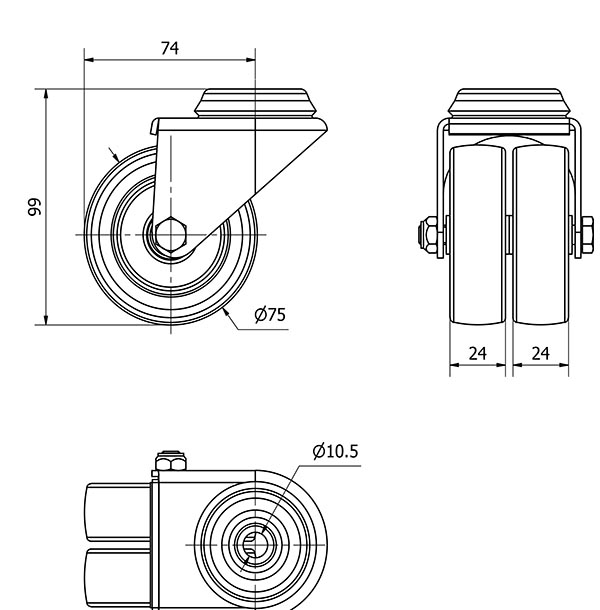 R.GIR.AGUJERO M10 20I75-BP POLIAMIX NEGRO (DOBLE) EJE LISO