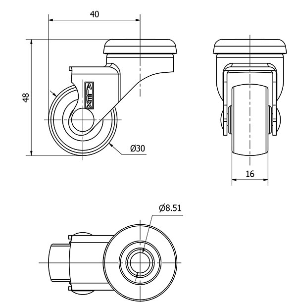 R.GIR.AGUJERO M8 NIQUEL.21BDR30-PGI POLIAMIX-GOMA GRIS EJE LISO
