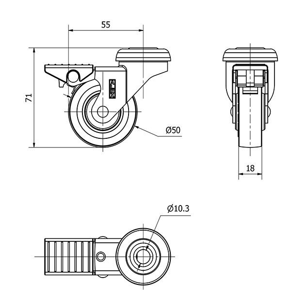 R.GIR.AGUJERO M10 FRENO NIQ.21BDRFN50CP-PGI POLIAMIX-GOMA GRIS LISO