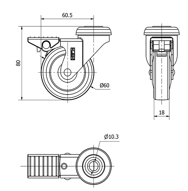 R.GIR.AGUJERO M10 FRENO NIQ.21BDRFN60CP-PGI POLIAMIX-GOMA GRIS LISO