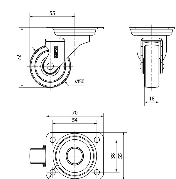 R.GIR.PLACA NIQUEL.10BDR50-BP PLASTICO GRIS EJE LISO