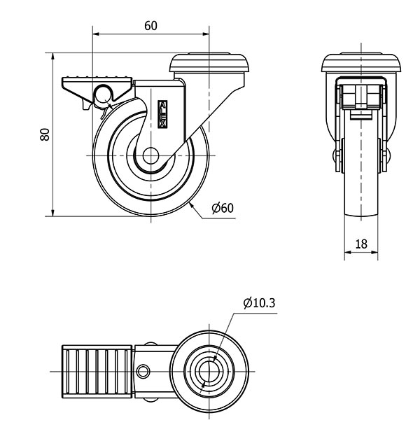 R.GIR.AGUJERO M10 FRENO NIQUEL.21BDRFN60-BP PLASTICO GRIS EJE LISO