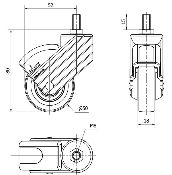 R.GIR.ESPIGA ROSCADA M8x15 NEGRA 50HP50CP-PGI POLIAMIX-GOMA GR.LISO