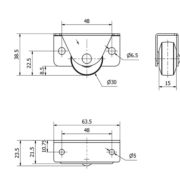 RUEDA CAMA NIDO 64N30-PGI GOMA GRIS EJE LISO