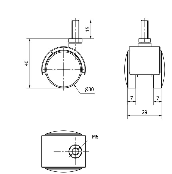 R.GIR.ESPIGA ROSCADA M6x15 50DK30 POLIAMIX NEGRO