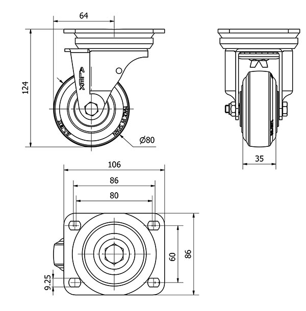 R.GIR.PLACA 10TV80-TPGN NYLON NEGRO-GOMA NEGRA EJE LISO