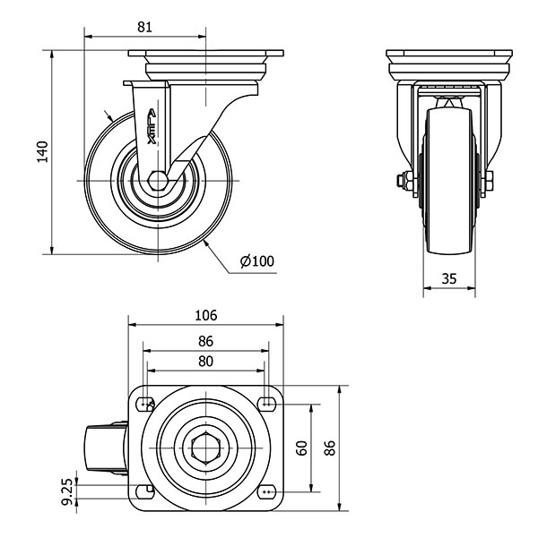 R.GIR.PLACA 10TV100-TPGN NYLON NEGRO-GOMA NEGRA EJE LISO