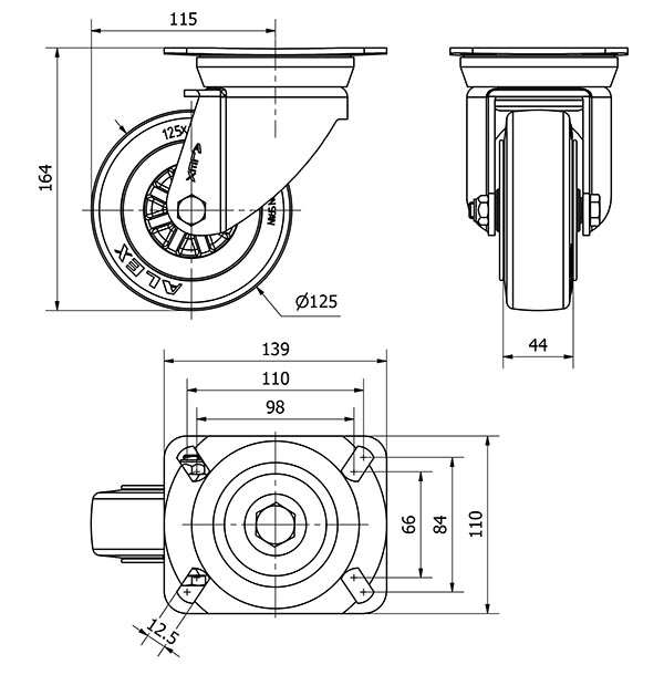 R.GIR.PLACA 10TV125-TPGN NYLON NEGRO-GOMA NEGRA EJE LISO
