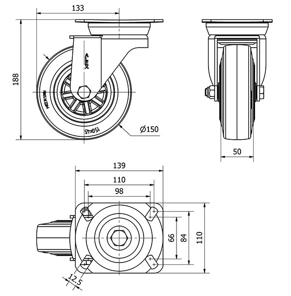 R.GIR.PLACA 10TV150-TPGN NYLON NEGRO-GOMA NEGRA EJE LISO