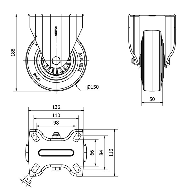 R.FIJA 17TV150-TPGN NYLON NEGRO-GOMA NEGRA EJE LISO