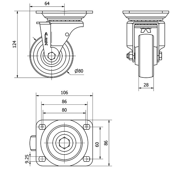 R.GIR.PLACA 10TV80-TD RESINA MARRON EJE LISO