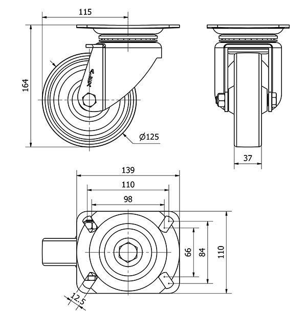 R.GIR.PLACA 10TV125-TD RESINA MARRON EJE LISO