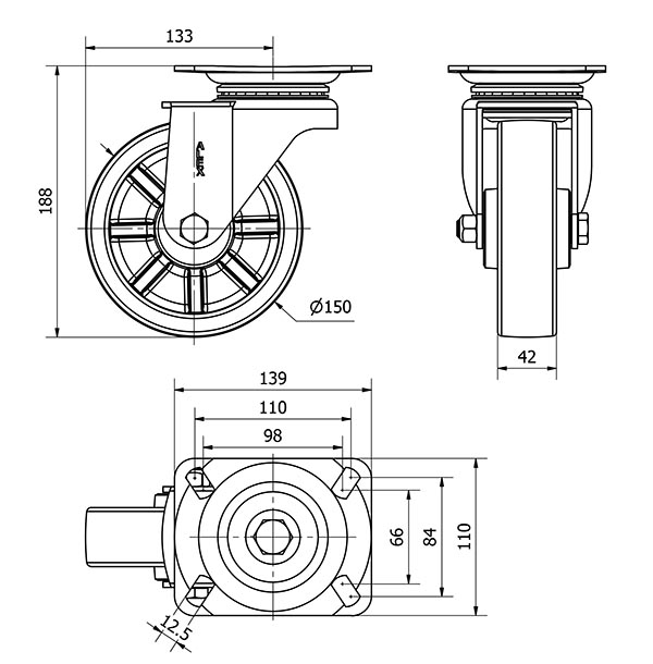 R.GIR.PLACA 10TV150-TD RESINA MARRON EJE LISO