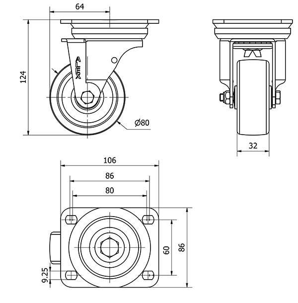 R.GIR.PLACA 10TV80-TN NYLON BLANCO EJE LISO