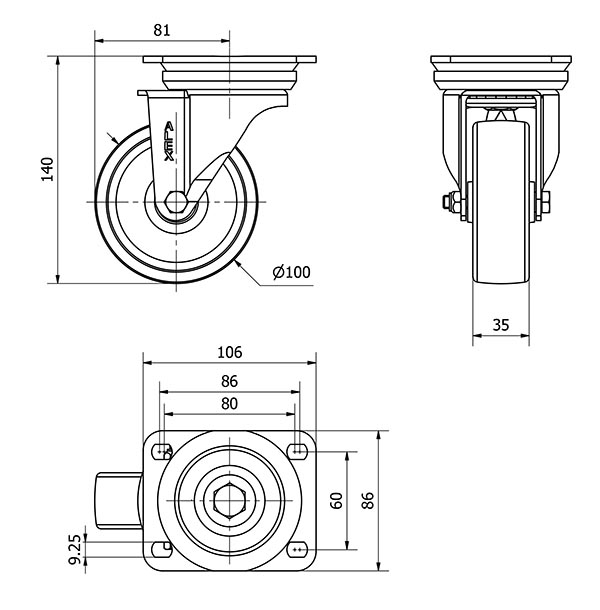 R.GIR.PLACA 10TV100-TN NYLON BLANCO EJE LISO