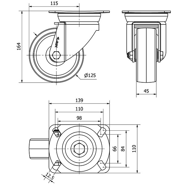 R.GIR.PLACA 10TV125-TN NYLON BLANCO EJE LISO