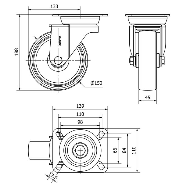 R.GIR.PLACA 10TV150-TN NYLON BLANCO EJE LISO