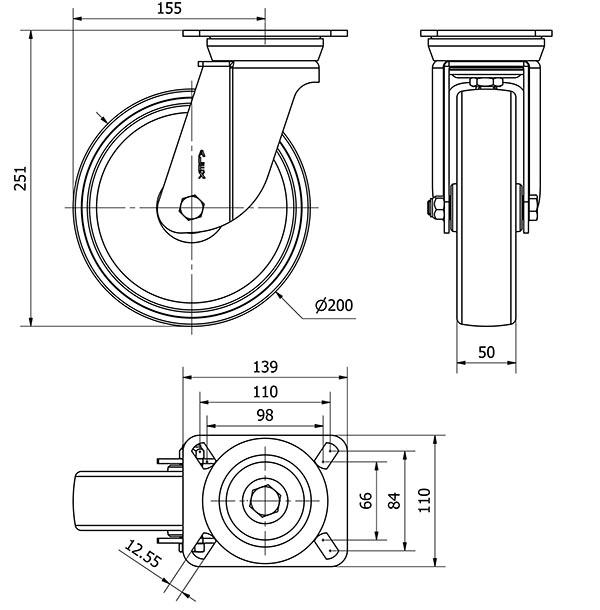 R.GIR.PLACA 10TV200-TN NYLON BLANCO EJE LISO