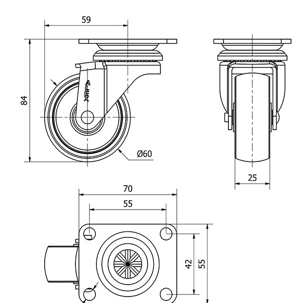 R.GIR.PLACA 10ZR60-BP PLASTICO BLANCO EJE LISO