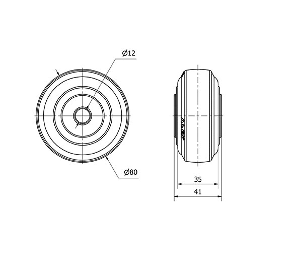 RUEDA TPGN80-12-40 NUCLEO NYLON NEGRO Y BANDA GOMA NEGRA EJE LISO