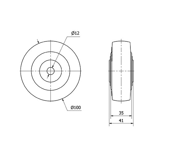 RUEDA TPGN100-12-40 NUCLEO NYLON NEGRO Y BANDA GOMA NEGRA EJE LISO