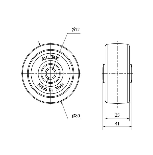 RUEDA TN80-12-41 NYLON BLANCO EJE LISO