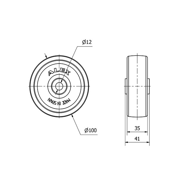 RUEDA TN100-12-41 NYLON BLANCO EJE LISO