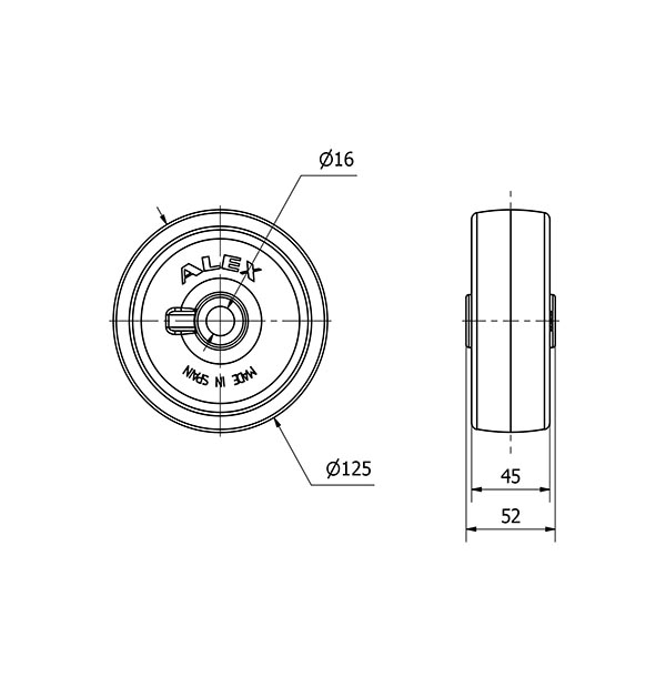 RUEDA TN125-16-52 NYLON BLANCO EJE LISO