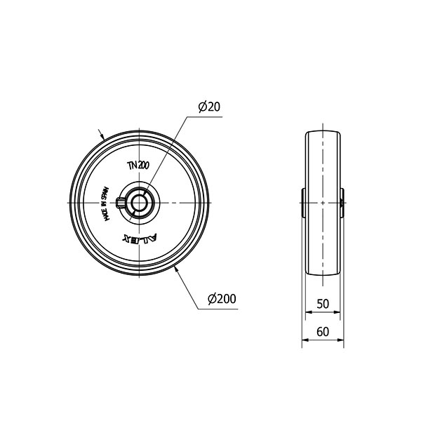 RUEDA TN200-20-60 NYLON BLANCO EJE LISO