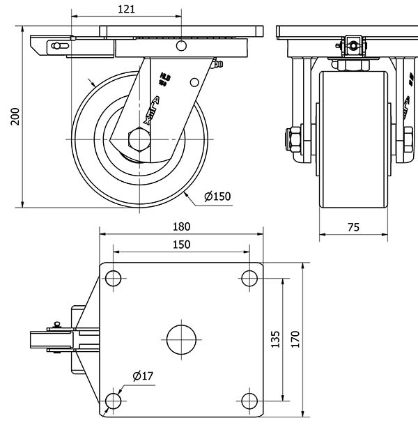 R.GIR.PLACA MEC.DIR.10HLBMD150A-HUB HIERRO-POLIUR.NARANJA EJE BOLAS