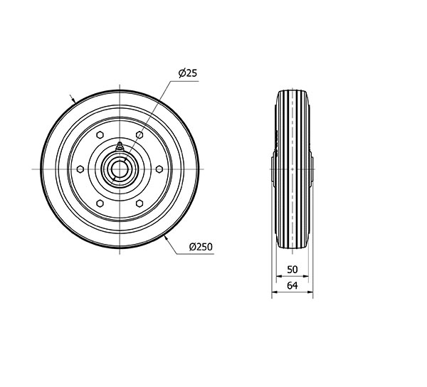 RUEDA CR250-25-65 NUCLEO METALICO Y BANDA GOMA NEGRA EJE RODILLOS