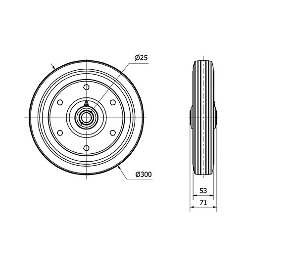 RUEDA CR300-25-72 NUCLEO METALICO Y BANDA GOMA NEGRA EJE RODILLOS